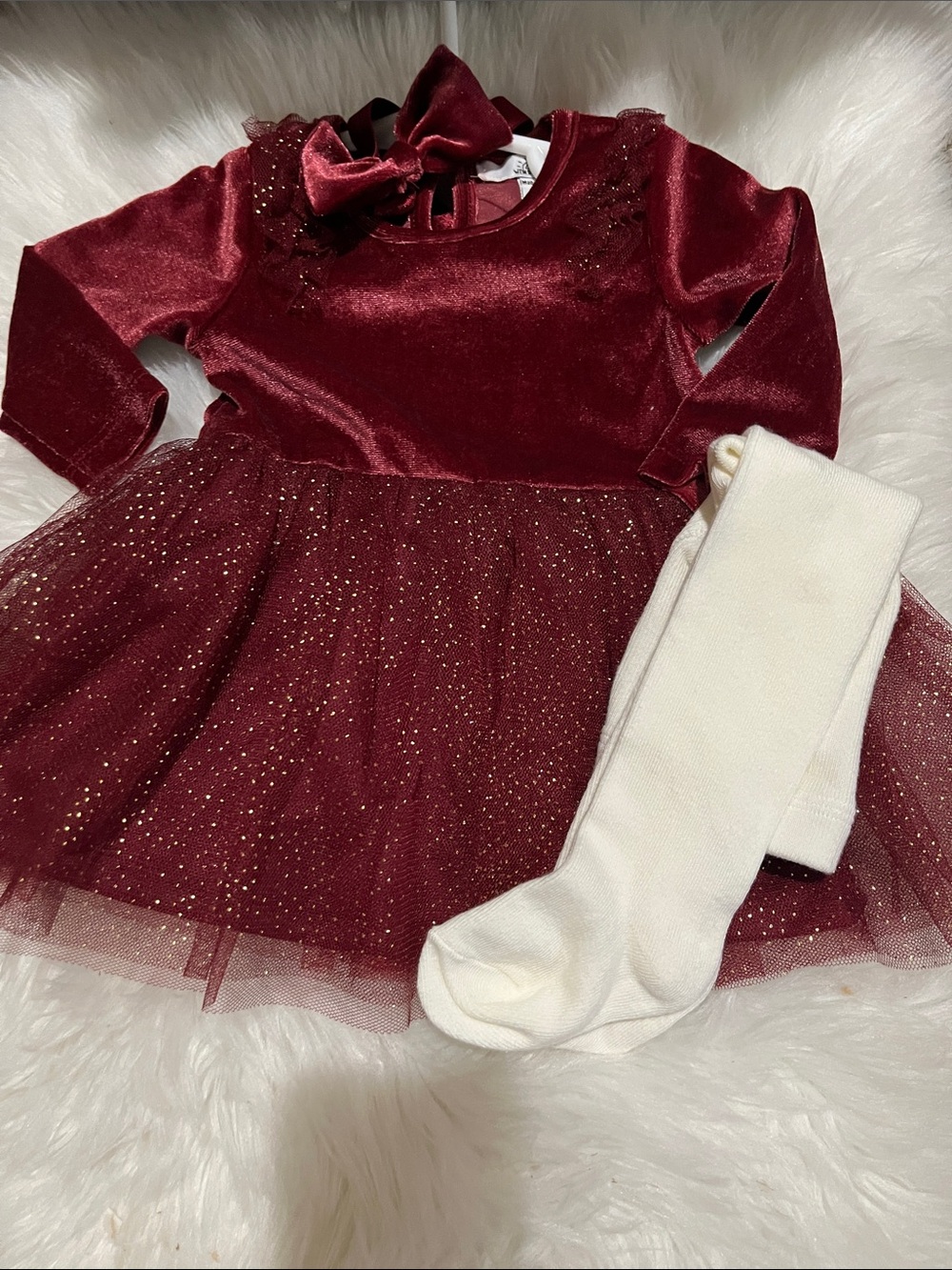 Girls Velvet Tulle Party Dress with Bow - Burgundy